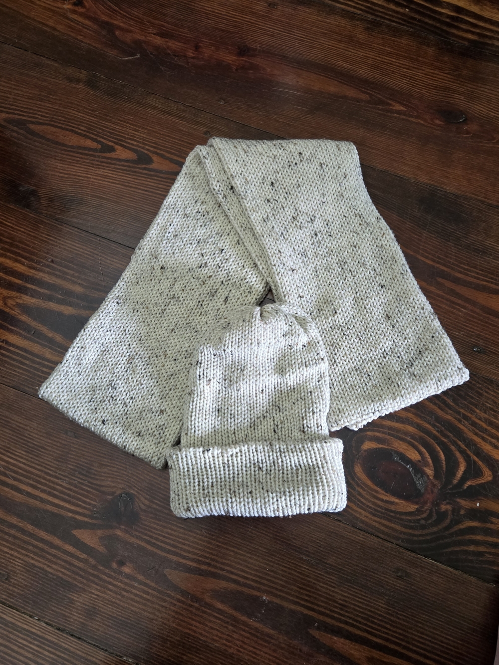 Hand Knit Ivory Tweed Beanie Scarf Set | Cozy Winter Accessories, 67" Scarf